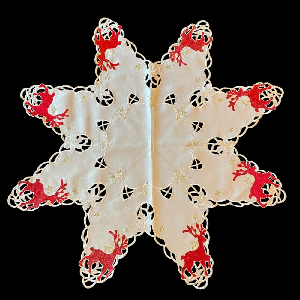 Embroidered Christmas Tablecloth or Table Topper with Red and Gold Accents 31”